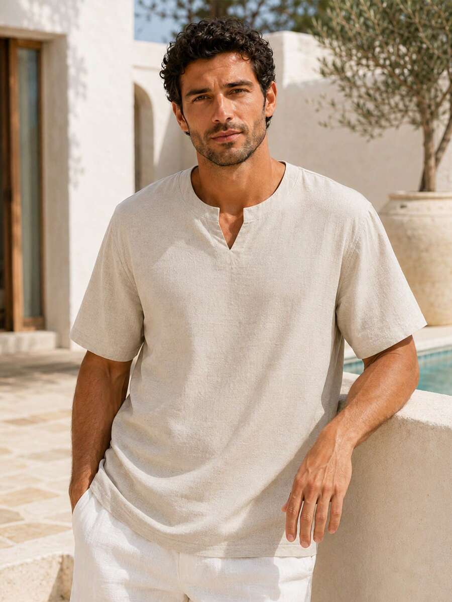 1pc Men's Navy Blue Faux Linen Textured Henley Collar T-Shirt, Loose Fit Dropped Shoulder Draped Silhouette, Lightweight Breathable Polyester Fabric, Summer Vacation Style, Machine Washable, Casual Short Sleeve Top For Beach And Relaxed Summer Wear - Apricot - View 1