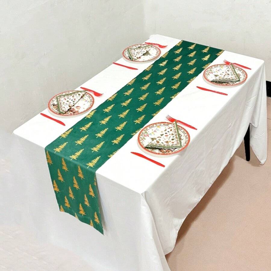 1pc 28*182/275cm Red Christmas Tablecloth With Snowflake, Christmas Tree And Deer Horn Pattern, Desktop Decoration For Home, Kitchen, Dining Room, Christmas - Christmas Tree - View 1
