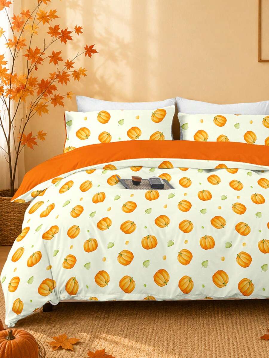 2/3 pièces Ensemble de housse de couette imprimé feuilles et citrouilles Halloween & Thanksgiving, literie douce et respirante anti-boulochage toutes saisons, sans couette incluse, résistant aux plis et lavable en machine, convient aux lits simples, doubles, queen et king, plusieurs couleurs, décoration de chambre, cadeau de fête - Multicolore - Voir 1