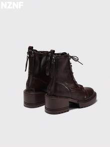 NZNF 1 Pair Contrast Color Western Style Buckle Thick Sole Slip-On Women's Retro Knight Boots Matte Chunky Heel Mid-Calf Boots Outdoor - Brown - View 8