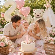 16pcs Cream Bear & Light Pink Heart Foil Balloon Set With Bow Ribbon, Suitable For Bear Theme Birthday Party Decoration, Baby Shower, Photo Props And Party Supplies - View 4