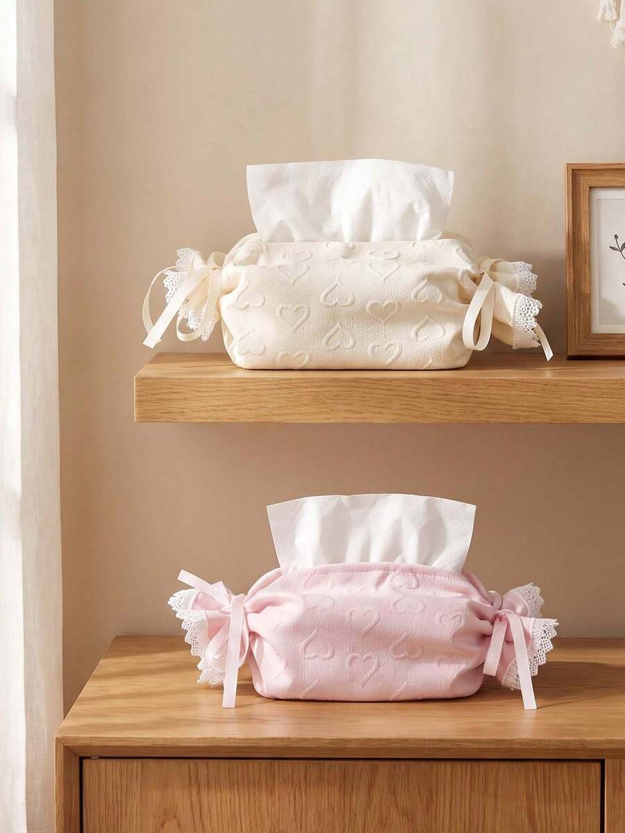 1pc Sweet Candy Roll Tissue Box Cover, Lace Ruffle & Bow Tissue Holder, Heart Pattern Fabric Tissue Box, Cute Aesthetic Home Decor, Suitable For Bedroom, Bathroom, Office - Multicolor - View 1