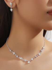 3pcs Simple Waterdrop-Shaped Rhinestone Necklace And Earrings Set Suitable For Women's Wedding, Birthday, Commemoration, Party - Silver - View 2
