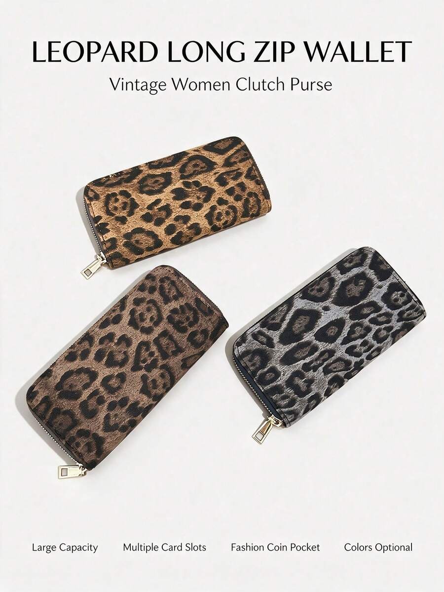 1pc Leopard Print Long Zipper Wallet Women's Vintage Personalized Clutch Purse Large Capacity Multi-Card Slot Fashion Coin Purse Multiple Colors Available - Multicolor - View 1