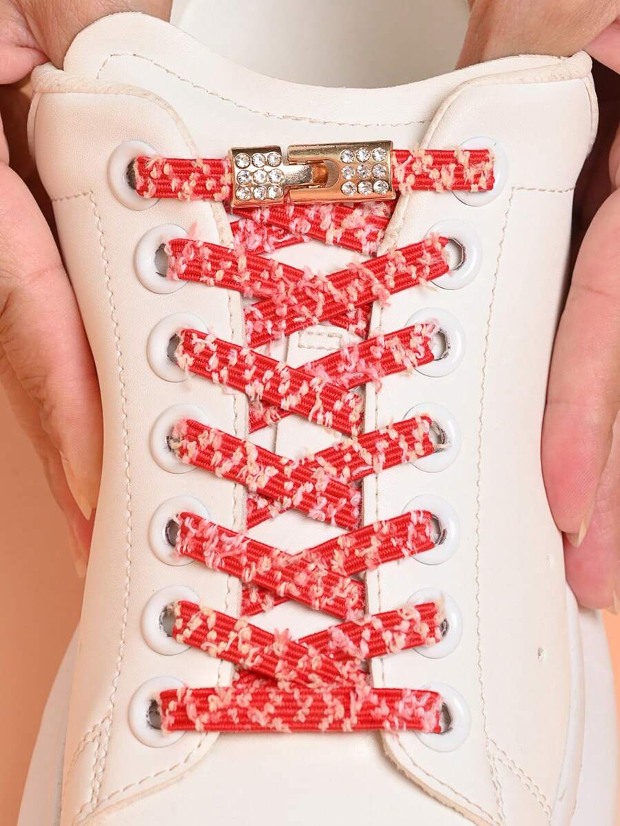 COSYLEE 1 Pair Rhinestone Buckle No-Tie Elastic Shoelaces, Fuzzy Cute Fashion Shoelaces