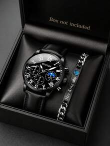 MSCXDK Multifunctional Chronograph Wrist‑Watch, Black Leather Strap Business Quartz Wristwatch With Roman Numeral Dial, Daily Accessory For Men - Multicolor - View 2