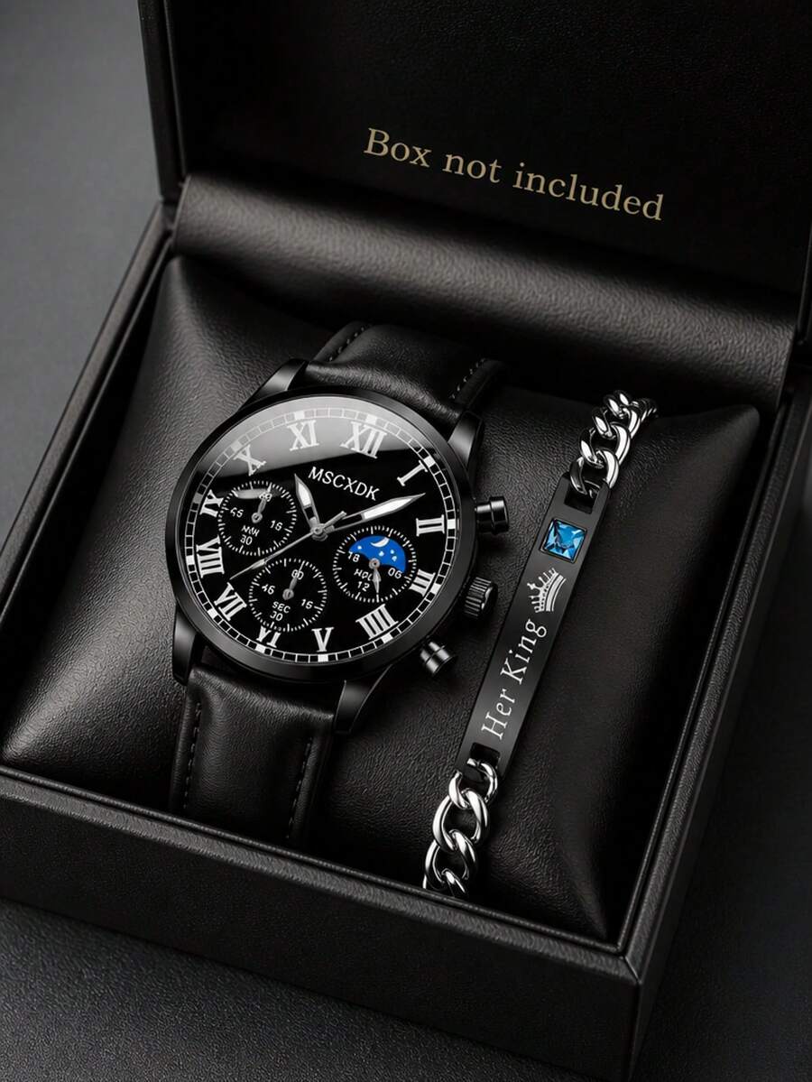 MSCXDK Multifunctional Chronograph Wrist‑Watch, Black Leather Strap Business Quartz Wristwatch With Roman Numeral Dial, Daily Accessory For Men