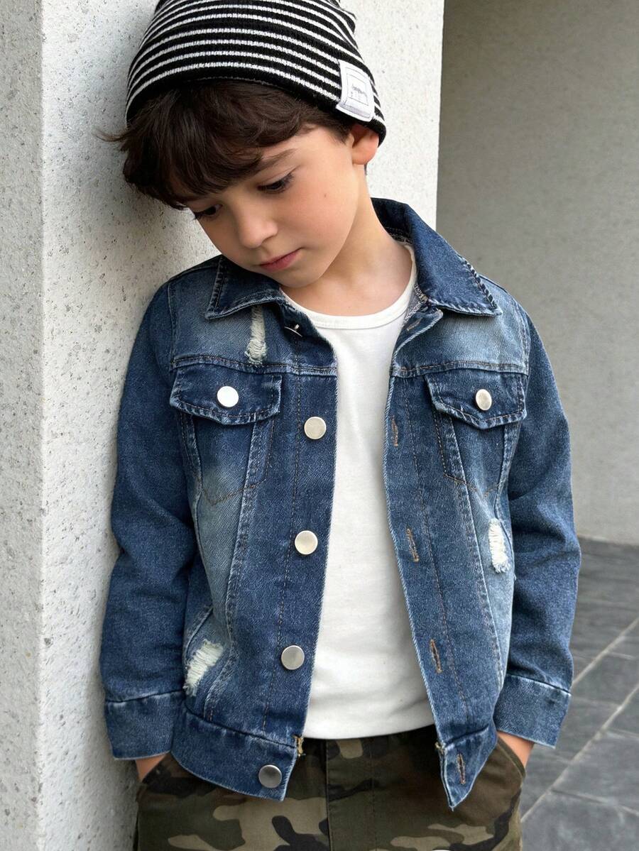 Jaket Denim Biru Anak Laki-laki, Gaya Kasual Musim Semi/Gugur Klasik, Model Longgar dengan Efek Lusuh dan Serbaguna, Atasan Luar yang Bergaya - Biru - View 1