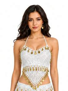 Women Halter Sequin Mesh Belly Dance Crop Top, Gold Coin Fringe Dangling Beads Performance Costume Top For Rave Festival Club Halloween, Multiple Colors Available - Multicolor - View 12