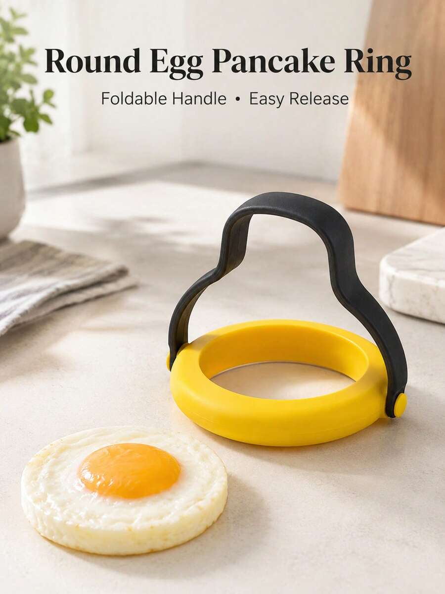 1pc Round Egg Pancake Mold With Foldable Handle, Easy Release Breakfast Shaping Mold For Fried Eggs, Mini Pancakes, Sandwiches, Brunch, Home Kitchen Meal Prep And Daily Cooking Tool - Multicolor - View 1
