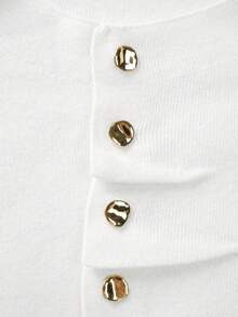 Gold Heart Button Knit Cardigan, Fitted Crew Neck, Long Sleeves, Soft Stretch Fabric, White Elegant Layering Top For Fall Winter Office And Vacation - White - View 6