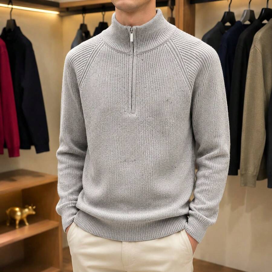 Men's Loose Half Zip High Collar Knit Sweater Long Sleeve Casual Everyday Top - Light Gray - View 1