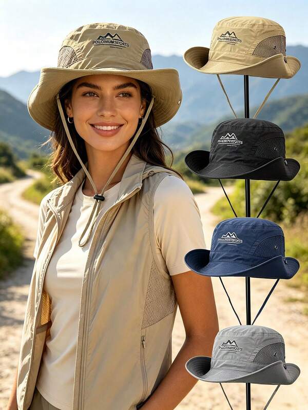 1pc Solid Color Big Mountain Logo Camping Drawstring Bucket Hat, Windproof, Sun Protection, UV Protection, 3D Design, Foldable, Fashionable & Versatile, Elegant Style, Soft & Comfortable, Breathable, Multi-Functional, Flattering, Face-Slimming, Suitable For Beach, Outing, Hiking, Cycling, Travel, Commute, Outdoor, Street, Date, Trekking And Various Occasions
