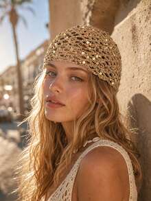 Women's Y2K Contrast Color Sequin Hollow‑Out Knitted Hat, Breathable Handmade Casual Beanie, For Music Festival Holiday Party Photo Prop Outdoor Daily - Multicolor - View 2