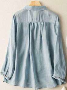 Summer Vintage Bohemian Loose Casual Commute Lapel Long Sleeve Embroidered Shirt Cardigan Top, Autumn Hobo Artistic Elegant Embroidered Lapel Blouse, All-Season Versatile Commute Office Vacation Holiday Party Tea Party Embroidered Casual Everyday Outing Shirt, Blue Shirt, Button Up Shirt For Women - Blue - View 4