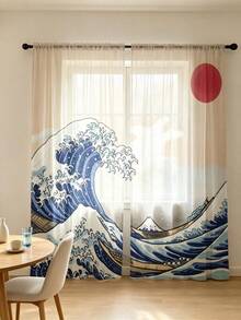 2件組日式大浪透視窗簾，浮世繪海洋波浪與船隻印花薄紗窗簾，濾光穿桿式窗簾，適用客廳臥室居家裝飾 - 彩色 - 查看 10