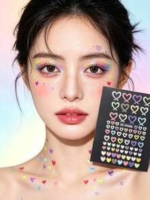 Macaron Colorful Hollow Heart Face Sticker Set With Tweezers, Sweet & Cool Y2K Style Eye Makeup Stickers, Music Festival Stage Makeup Face & Collarbone Self-Adhesive Stickers - Multicolor - View 1