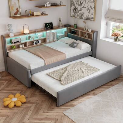 Flieks Upholstered Bed, Daybed With Pull Out Trundle, 3FT Single Bed 90x190cm, Daybed Sofa Bed, With Charging Port, LED Strip, With Storage Space, Easy Assembly, Velvet, Grey (No Mattress)