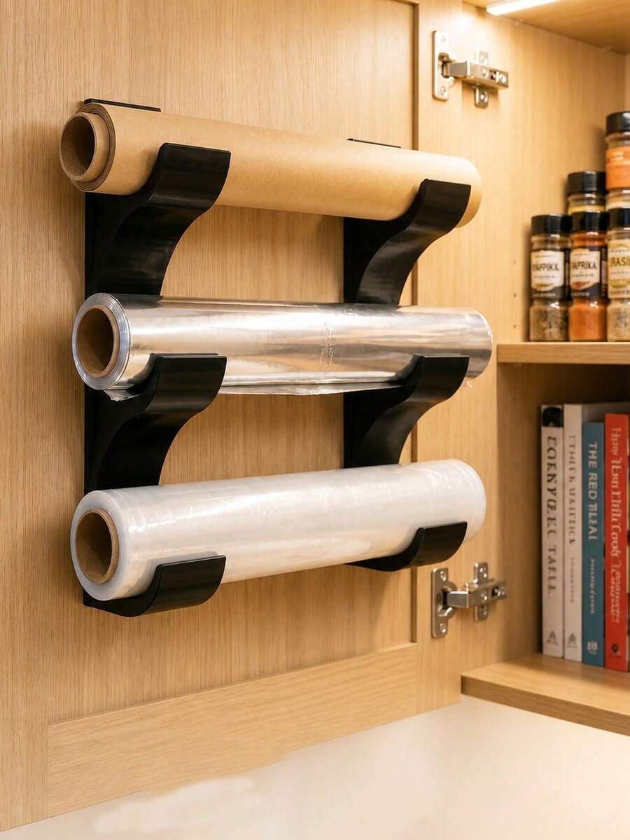 2pcs Wall-Mounted Storage Rack, Can Hold 3 Rolls Of Kitchen Paper Towels, Plastic Wrap Or Aluminum Foil, Space-Saving Design, No-Drill Installation, Suitable For Cabinet Doors And Tile Walls, Keep Your Kitchen Organized And Tidy - Multicolor - View 1