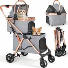 3-In-1 Foldable Dog Buggy Up To 20kg | Foldable Cat Stroller, Pet Buggy With 4 360° Rubber Wheels, With Storage Basket And Cup Holder - 金色+灰色 - 查看 1