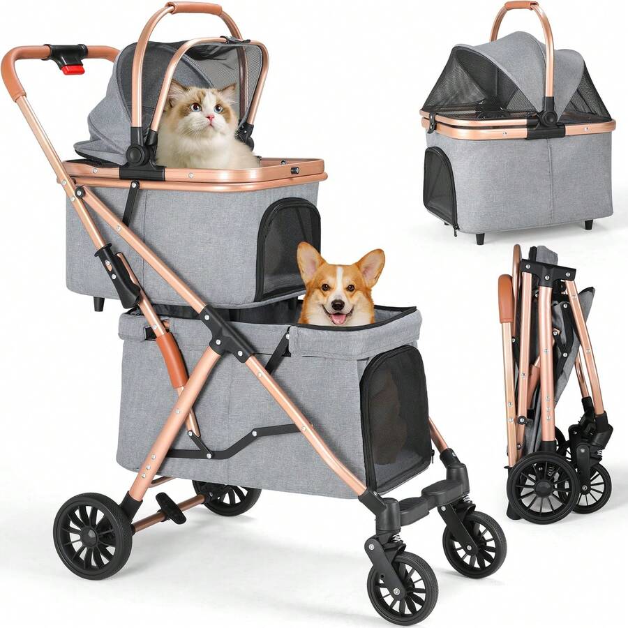 3-In-1 Foldable Dog Buggy Up To 20kg | Foldable Cat Stroller, Pet Buggy With 4 360° Rubber Wheels, With Storage Basket And Cup Holder - 金色+灰色 - 查看 1
