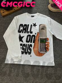 EMCGICC Manfinity Y2k CALL ON JESUS Thin Long Sleeve Men's T-Shirts,Funny Vintage Graphic Digital Print Hip-Hop For Men,Regular Fit,Street Style,Ideal Gift - 白色 - 查看 1