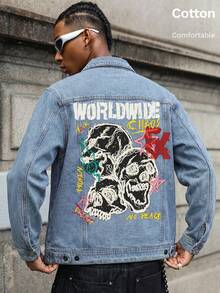 Men's Light Blue Denim Jacket, Punk Style With Multiple Skull Graffiti Print, White Ink Direct-To-Garment, Button Cuffs, Y2K Style - Light Denim Blue - View 10