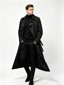 Multi-Color Optional Men's Extra-Long Trench Coat, Classic Double-Breasted Lapel Trench Coat, British Style Slim And Thin Autumn Winter Fashion Coat - Black - View 1