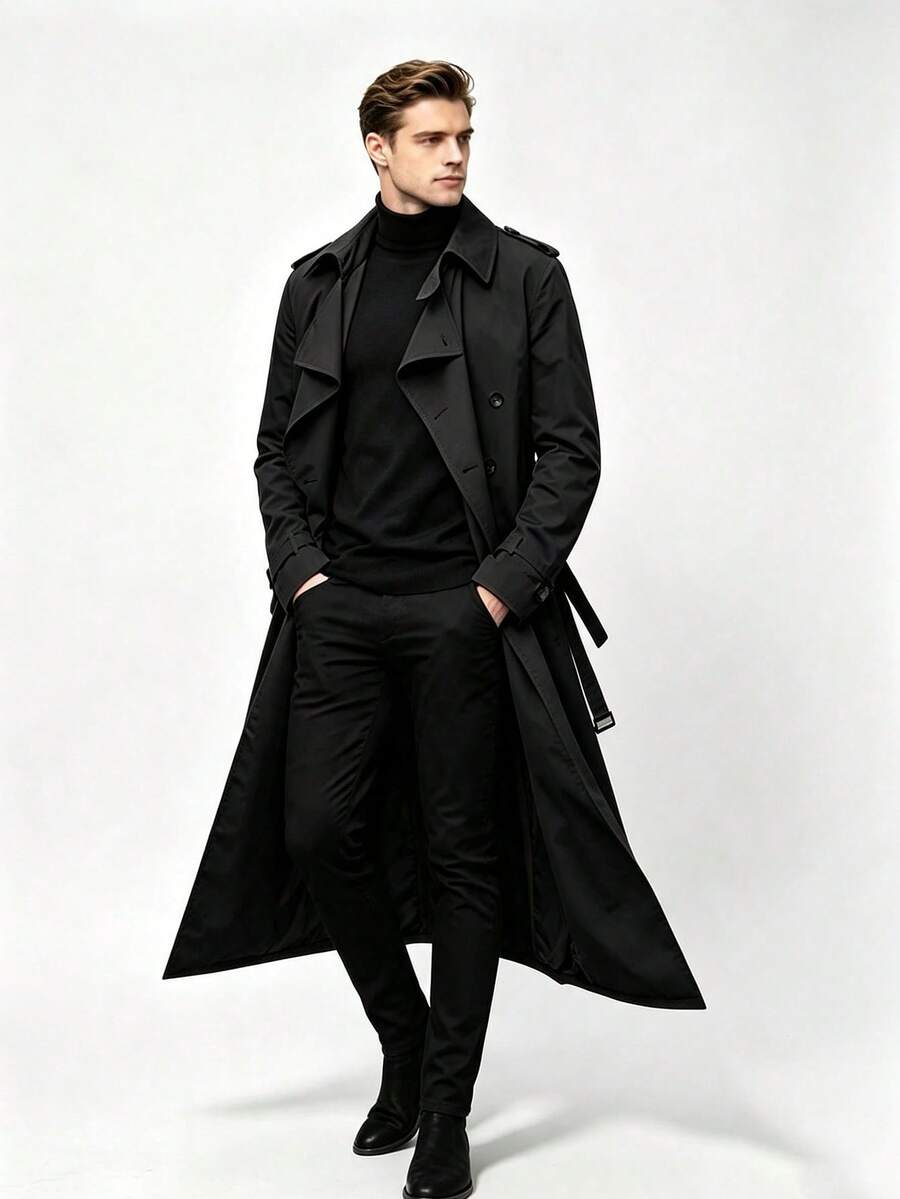 Multi-Color Optional Men's Extra-Long Trench Coat, Classic Double-Breasted Lapel Trench Coat, British Style Slim And Thin Autumn Winter Fashion Coat - Black - View 1