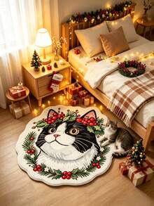 1pc Christmas Wreath Cow Cat Shaped Floor Mat, Decorative Rug, Floor Mat, Carpet, Living Room Rug, Bedroom Rug, Christmas Rug - Multicolor - View 1