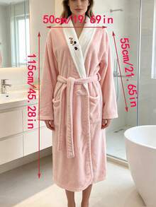 1件女款珊瑚絨柔軟吸水刺繡浴袍浴巾，浴室情侶風 - 粉色 - 查看 6