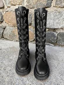 Women's Casual Fashion Boots, Black Knee-High, Non-Slip Low Heel Wide Shaft, Suitable For Daily Outdoor Activities, Autumn/Winter - Black - View 4