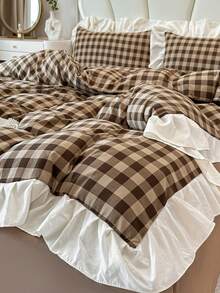 Brown Plaid Print Ruffle Edge Duvet Cover 4-Piece Set, Soft And Comfortable Bedroom Bedding Set Including 1 Duvet Cover, 1 Bed Sheet, 2 Pillowcases, No Filling, Suitable For Bedroom, Dorm, Home Use, Multiple Size Options, Back To School Dorm Decor, College Decor - Brown - View 7