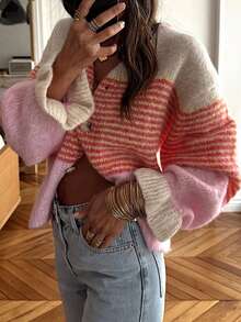 Just Masa Women's Fall Winter Casual Y2K Contrast Stripe Sweater,Ruffle Balloon Sleeve Button Up Sweater Cardigan,For Daily Wear,Going Out,Christmas - Pink - View 10