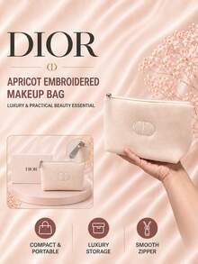 Dior 迪奧杏色刺繡化妝包17×12cm，合成皮革布料，順滑銀拉鍊，適合收納美妝小物件，自用送禮都合適 - 杏色 - 查看 3