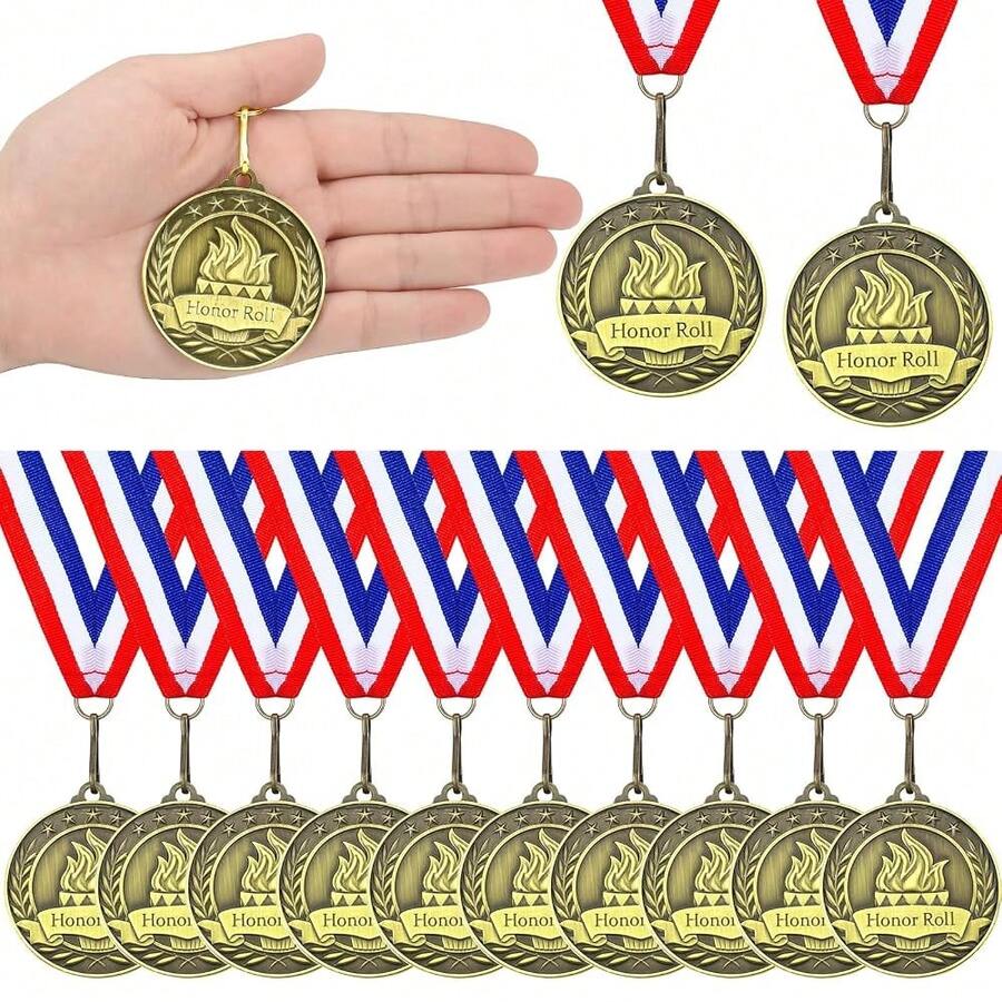 Honor Roll Award Medals With Neck Ribbons 2'' Bronze Metal 3D Trophy Prize Gift For Reading Succeed Participation Graduation Scholastic - 12 - View 1