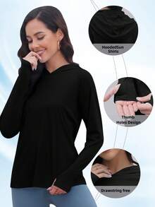 Women's UPF 50+ UV Protection Hooded Long Sleeve Shirt With Thumbholes, Performance Outdoor Sports For Running, Workout, Fishing Black Spring Fall - Black - View 4