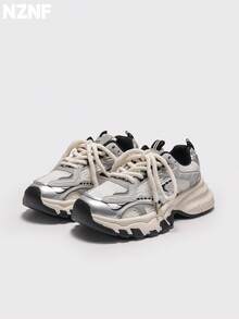 NZNF Flattering Chunky Sneakers For Women, White Color, Increased Height, Retro Thick Sole, Low-Top, Autumn 2025 New Arrival - Black - View 5