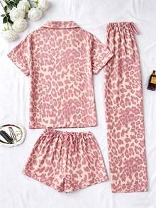 3pcs/Set Women Leopard Print Pocket Short Sleeve Top And Shorts/Pants Pajama Set, Suitable For Spring, Summer And Autumn - Pink - View 4