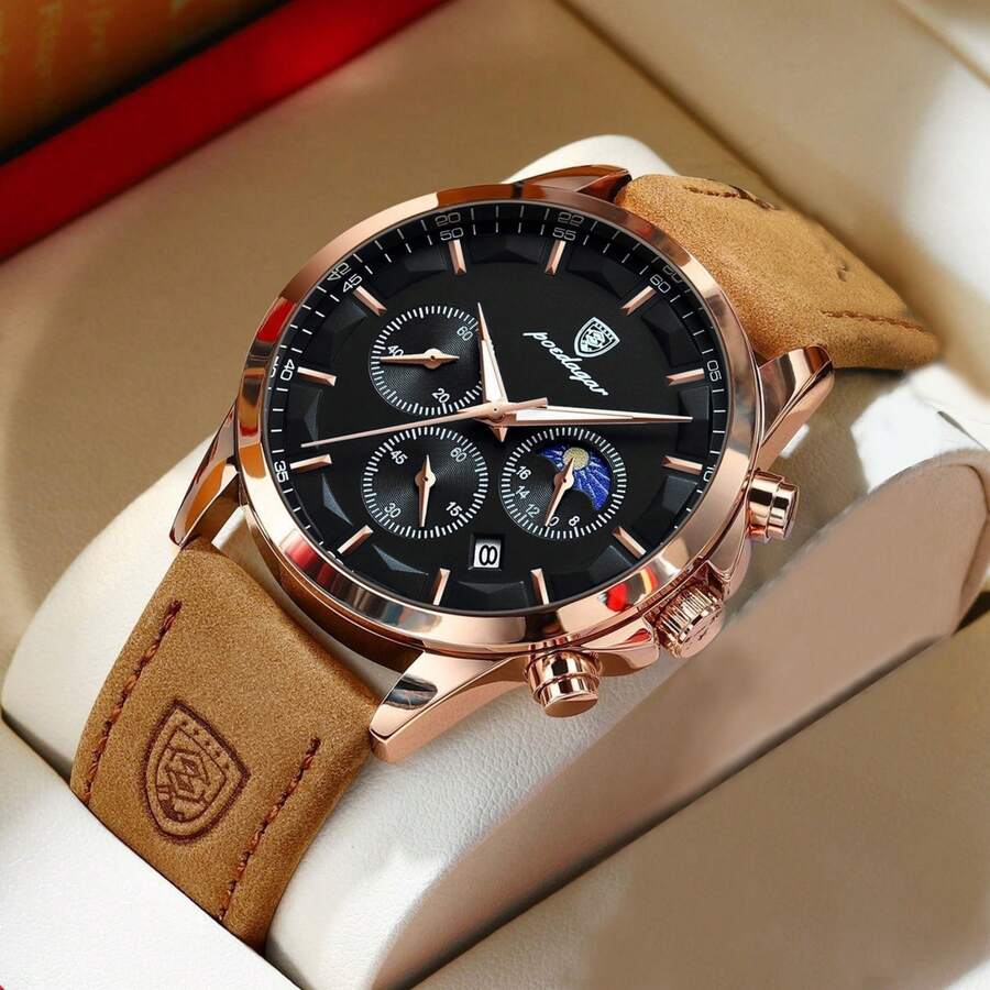 POEDAGAR 1pc Men's Casual PU Leather Band Luminous Waterproof Calendar Multifunction Stainless Steel Quartz Watch, Suitable For Daily Business, Gift Souvenir