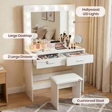White Dressing Table Set With LED Lights Mirror, Vanity Makeup Table 2 Large Drawers And Stool - 白色 - 查看 2