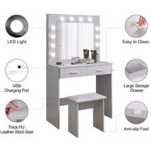 White Dressing Table Set With LED Lights Mirror, Vanity Makeup Table 2 Large Drawers And Stool - Light Grey - View 12