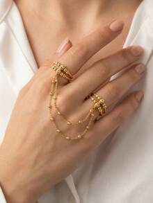 24K Gold-Plated Double Finger Chain Link Ring, Rust-Proof Gold Alternative 3-Layer Beaded Chain Delicate Layered Ring, High-End Jewelry - 01 - View 2