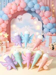 24/12/6 piezas Bolsas de cono de algodón de azúcar con alas de mariposa de hada, conos de papel de caramelo en tonos pastel, adecuados para cumpleaños de niñas, baby shower, regalos de fiesta con tema de hadas, decoración de fiesta de cumpleaños de bebé, mesa de postres, decoración de mesa - Multicolor - Ver 5