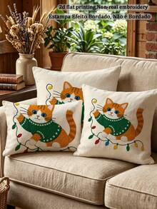 shangxia 2PCS--Christmas Colorful Lights Orange Kitten Pattern Printed Pillowcase, Winter Living Room Sofa Cushion, (No Pillow Insert)--(No Pillow Insert)---(Multiple Sizes)---(No Embroidery)---(Single-Sided Print) - Multicolor - View 11