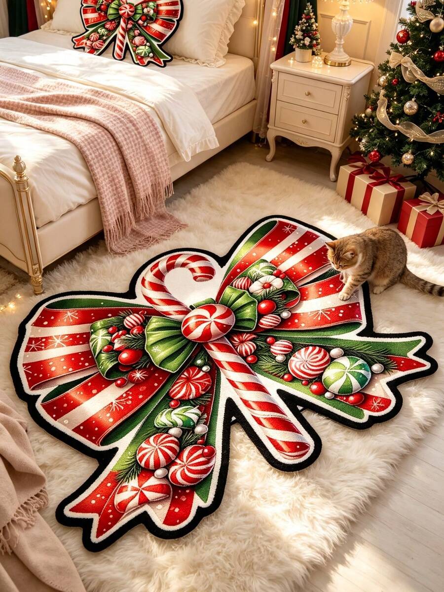 1 pieza Alfombra decorativa con lazo grande de Navidad, decoración de dormitorio, alfombra pequeña, alfombra, decoración del hogar, alfombra de sala de estar, alfombra pequeña de sala de estar, alfombra de dormitorio, decoración del hogar de sala de estar, alfombra para exteriores, alfombra lavable, regalo de graduación - Multicolor - Ver 1