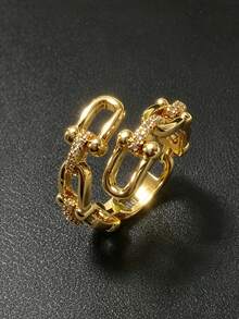 1pc Elegant Versatile Horseshoe Buckle Open Ring, Luxury High-End Style With Cubic Zirconia Inlay, Suitable For Women's Daily Wear - Gold - View 6