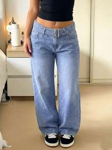 GILIPUR Women's High Waist Belt Decor Light Wash Wide Leg Denim Jeans, Casual Loose Fit Long Pants Fall - Blue - View 12