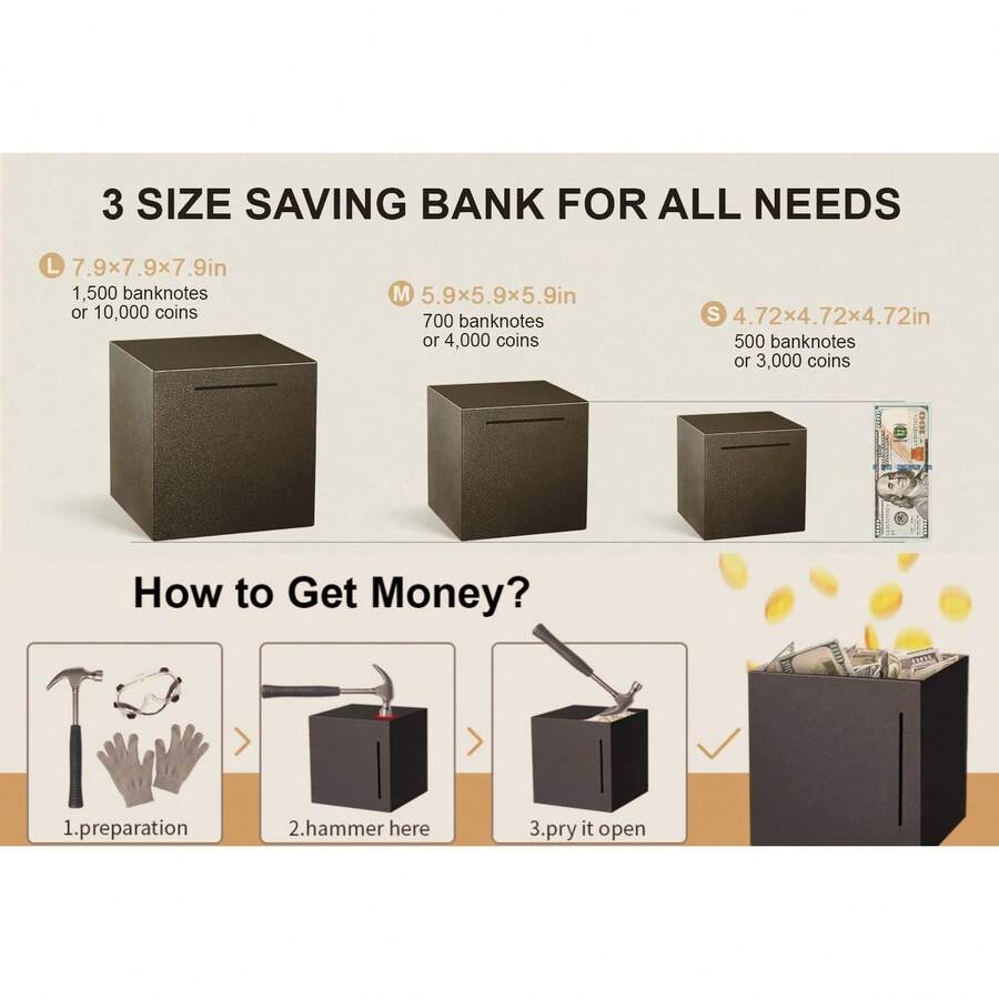 MAJOHN 1pc 12x12x12CM Metal Money Box, Only In No Out Design, Sturdy Steel Coin Savings Bank, Personal Finance Cash Storage, Home Organization, Christmas Gift - Multiple Styles - View 1