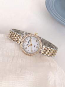 JUSMI Women's Elegant Rhinestone Watch, Two-Tone Steel Band, Round Dial Wristwatch, Jewelry Gift For Her, Christmas Birthday - White - View 3